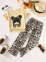 2 Pcs Girls' Portrait Tee & Animal Print Pants Set For Summer