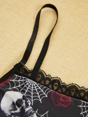 Skull Print Pajama Set with Lace Trim