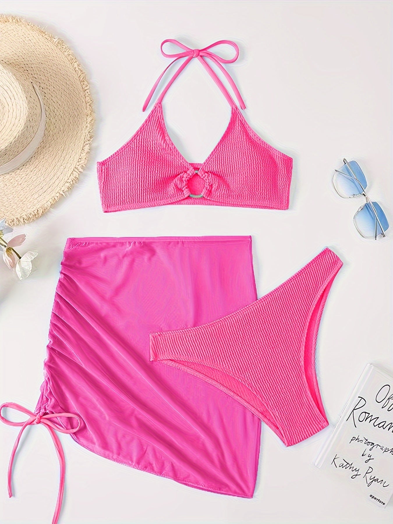 Textured Bikini Set & Lace Up Mini Skirt Swimsuit