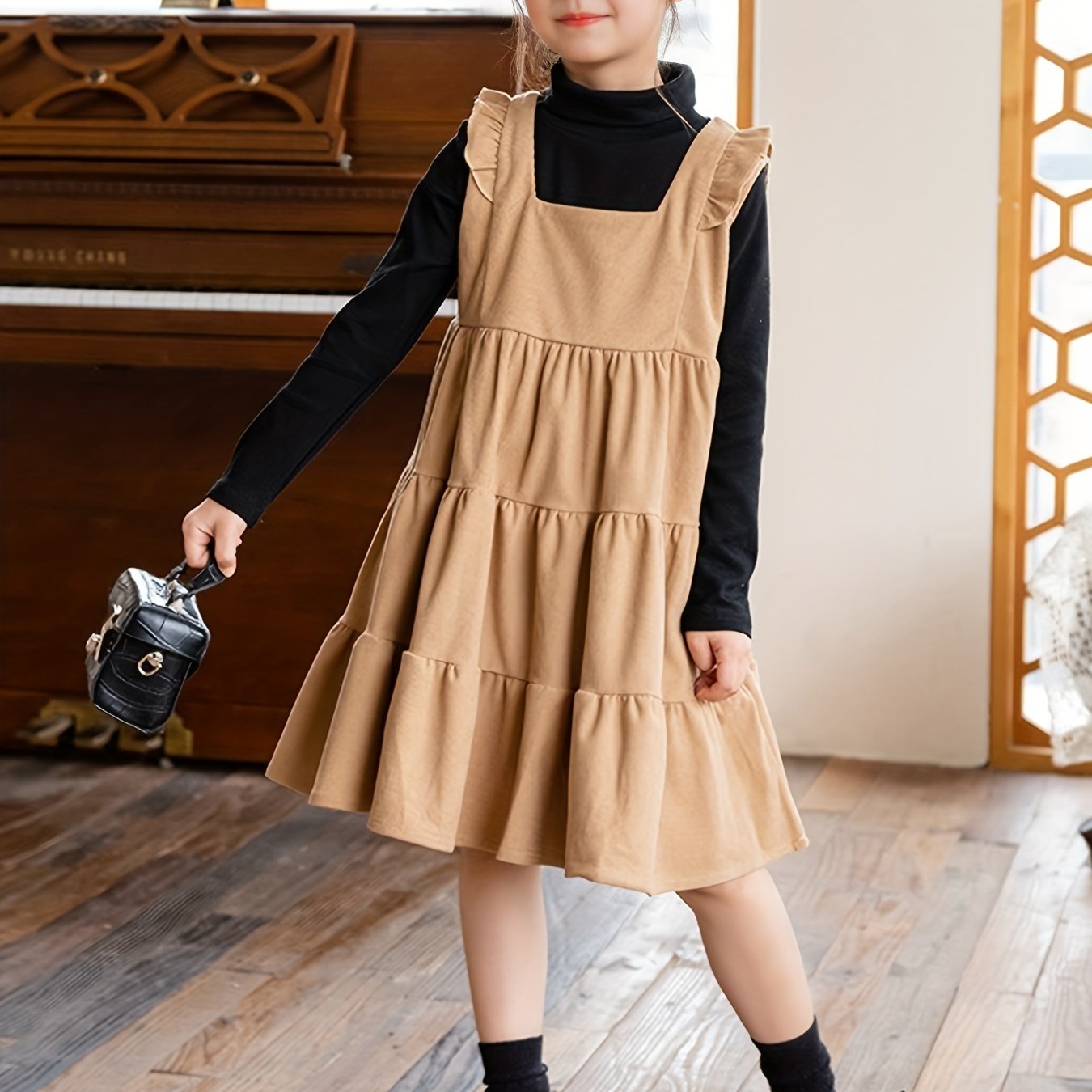Girls Flutter Trim Suspender Dress Fall Party