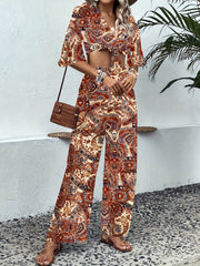 Cashew Floral Print 2pc Set Knot Front Crop Top & Wide Leg Pants