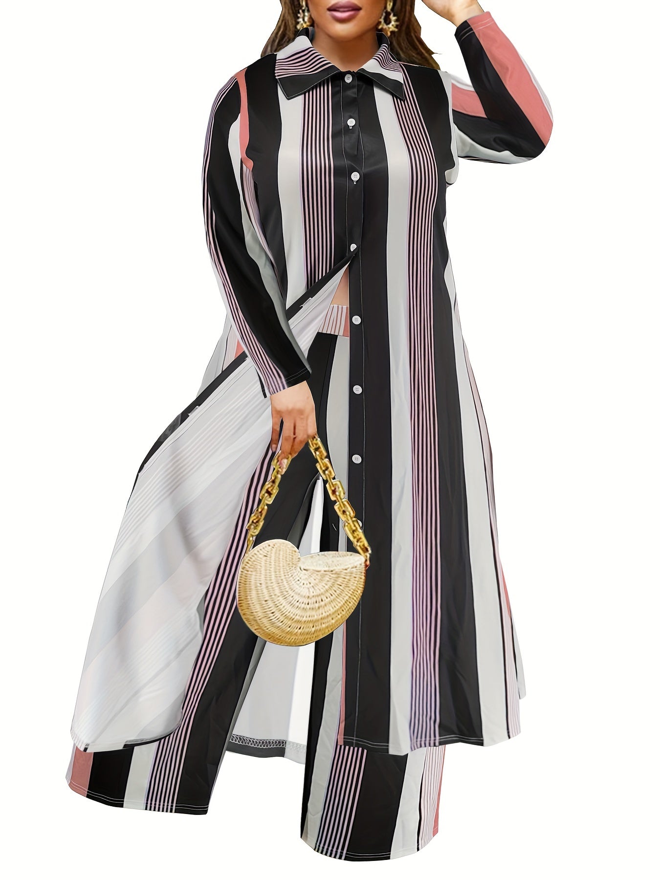 Women's Plus Striped Shirt Dress & Wide Leg Pants Set