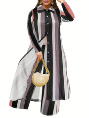 Women's Plus Striped Shirt Dress & Wide Leg Pants Set