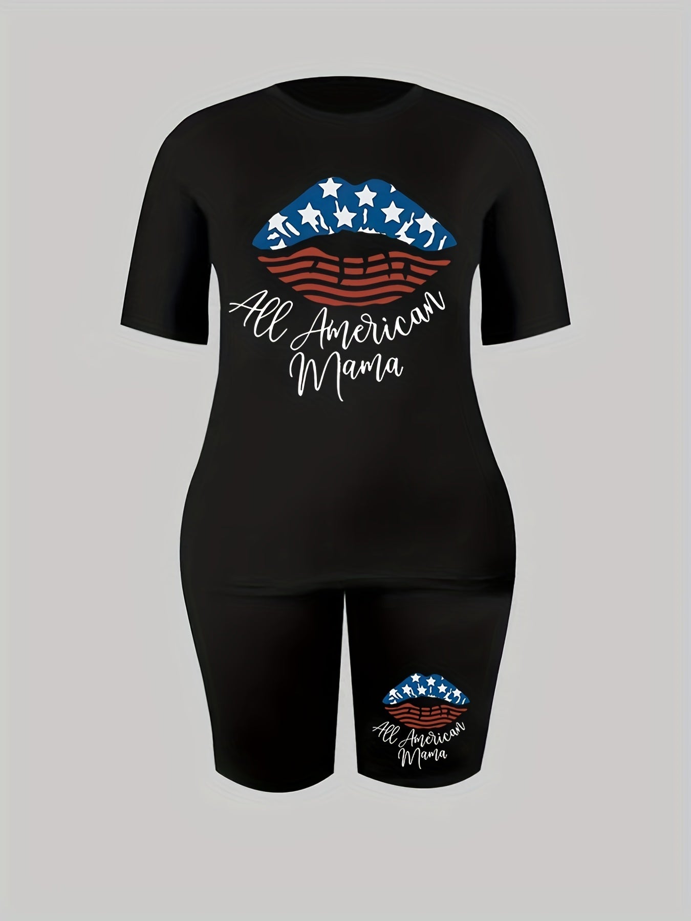Women's Plus Flag & Lip Print Crew Neck Short Sleeve Top & Shorts Set
