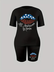 Women's Plus Flag & Lip Print Crew Neck Short Sleeve Top & Shorts Set