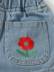 Toddler Girls Flower Embroidered Shorts Elastic Waist Button Casual Denim