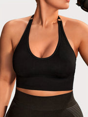 Ribbed Ring Decor Halter Neck Sports Bra