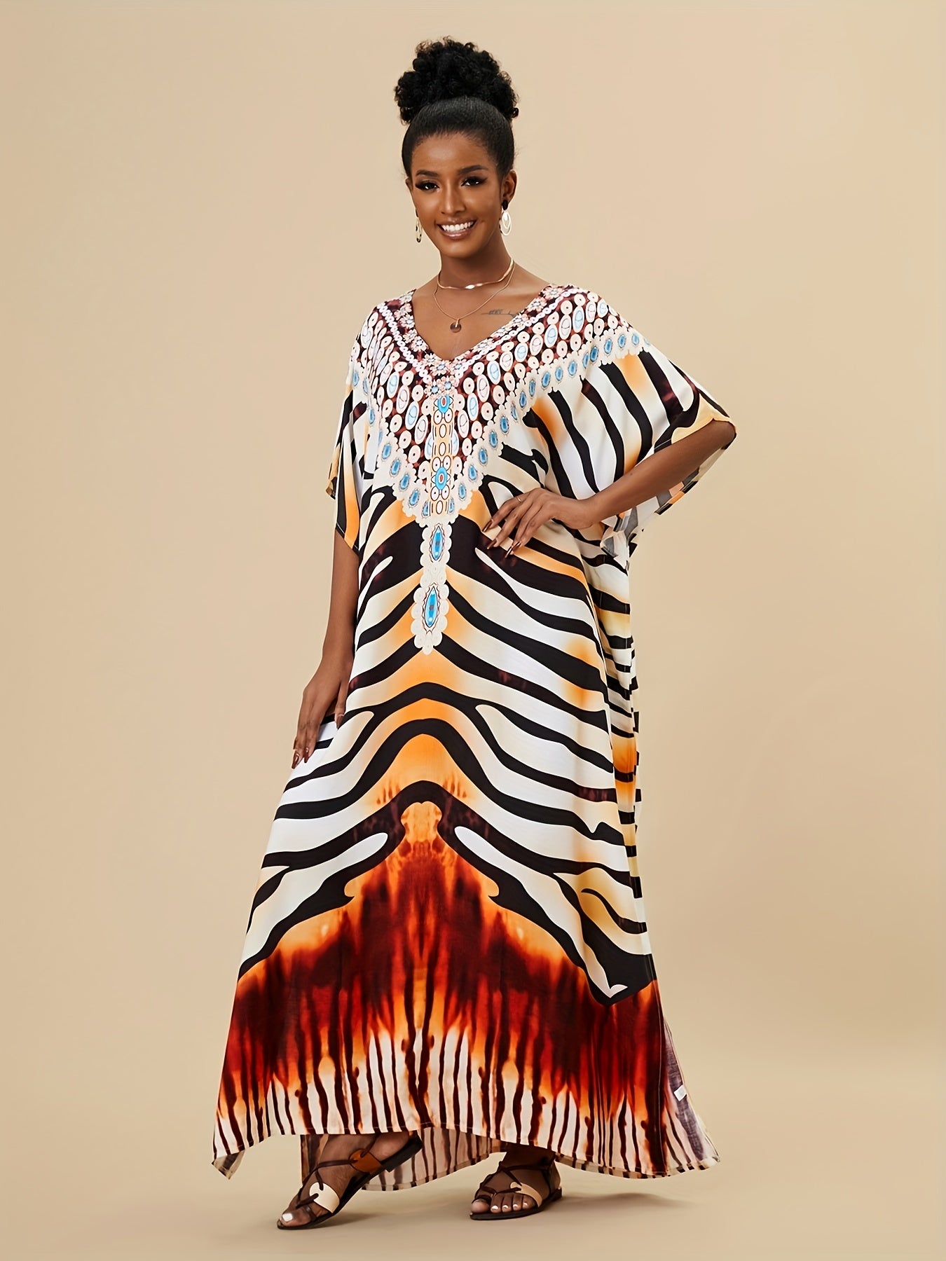 Boho Style Cover Up Dress V Neck Loose Fit Kaftan