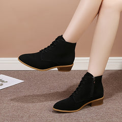 Chunky Heeled Lace Up Short Boots Side Zipper Women's Footwear