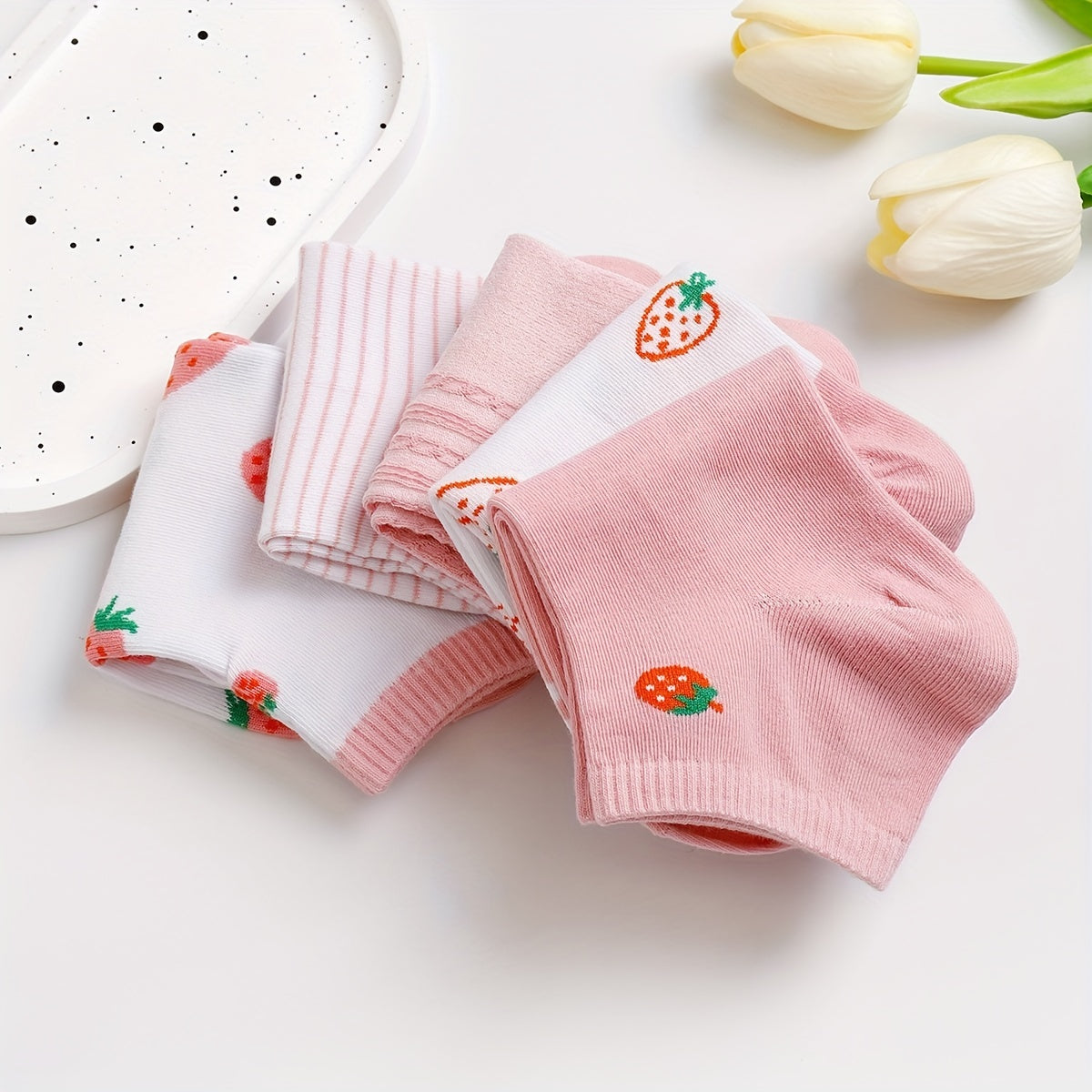 5 Pairs Strawberry Print & Striped Ankle Socks Women's Stockings