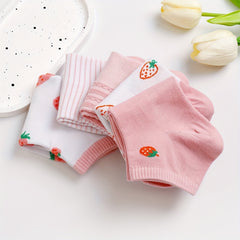 5 Pairs Strawberry Print & Striped Ankle Socks Women's Stockings