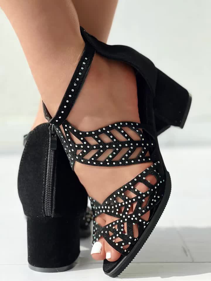 Rhinestone Block Heel Sandals Back Zipper Dress Pumps