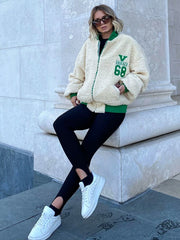 Women's Letter Print Leisure Teddy Embroidery Jacket