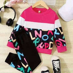 Girls Contrast Long Sleeve Sweatshirt & Sweatpants Set Winter Clothes