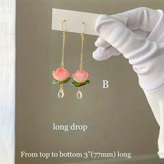Pink Lotus Lily Pad Dangle Earrings for Girls