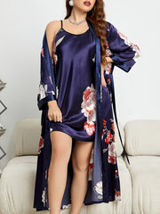 Floral Print Dress & Belted Robe Loungewear Set