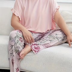 Pajama Set Short Sleeve Tee & Floral Print Pants Two Piece