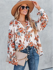 Women's Plus Floral Print Ruffle Trim Lantern Sleeve V Neck Blouse