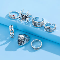 7pcs Hip Hop Style Ring Set - Skull Bat Snake Spider Distressed Vintage