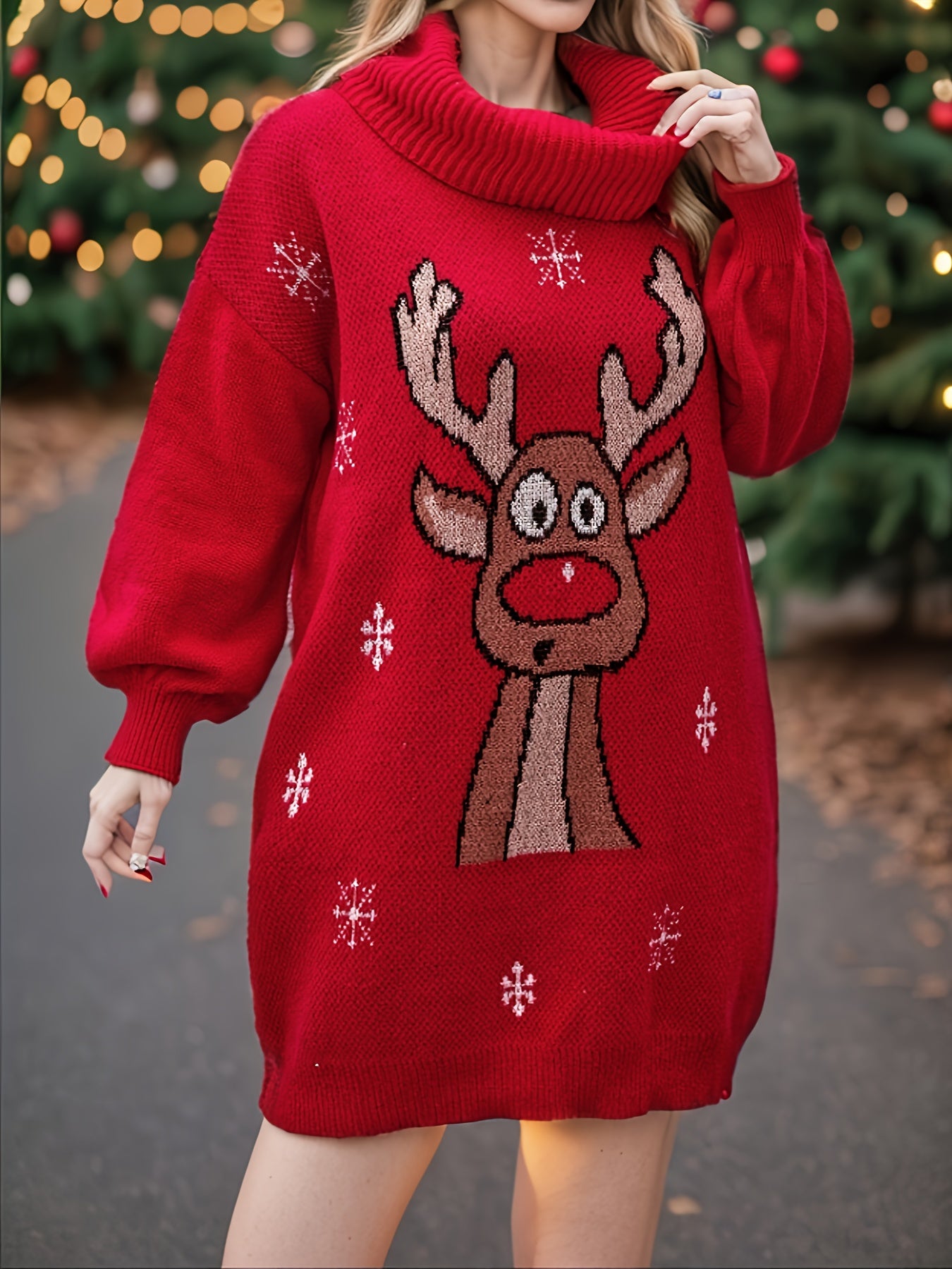 Women's Plus Reindeer & Snowflake Lantern Sleeve Turtleneck Sweater Dress