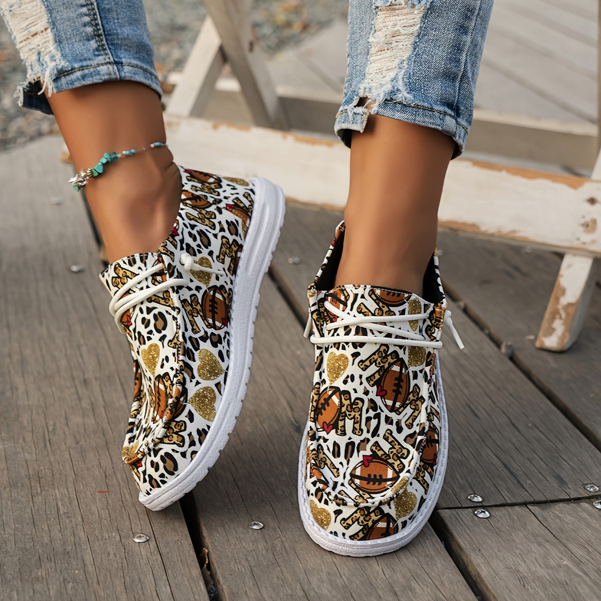 Leopard Rugby & Love Heart Graffiti Flat Shoes Women Slip On Casual