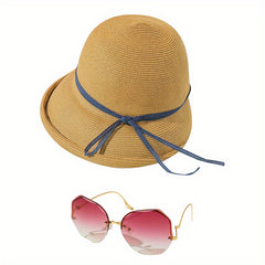 2pcs Stylish Hat Sunglasses Set for Women Sun Beach