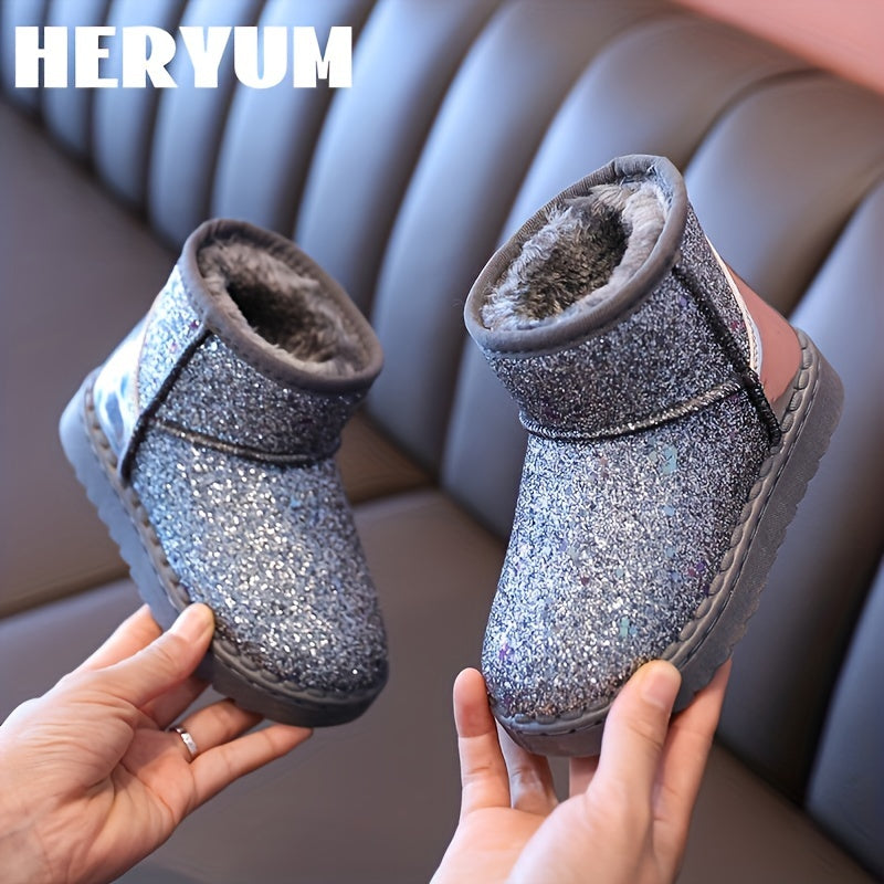 HERYUM Sequin Snow Boots For Girls Soft Warm Plus Fleece Boots Outdoor