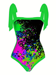 Green Graffiti Print Tie Shoulder One Piece Swimsuit Set