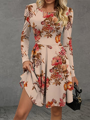 Casual Dress Women's Plus Floral Print Long Sleeve Round Neck