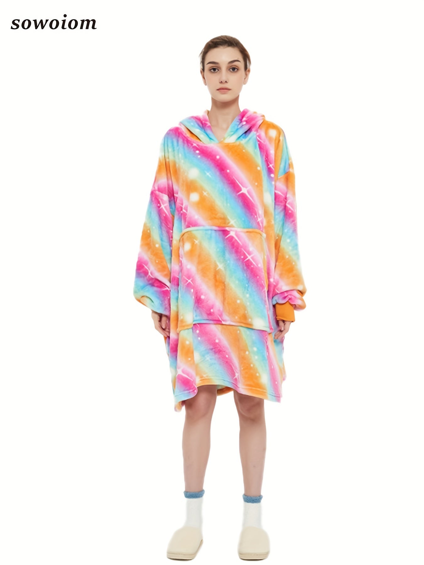 Flannel Hooded Robe Women's Rainbow Striped Warm Nightgown