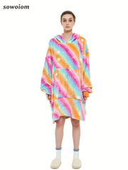 Flannel Hooded Robe Women's Rainbow Striped Warm Nightgown