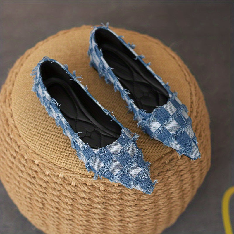 Women's Plaid Pattern Denim Flat Shoes Casual Point Toe Tassel Detail Shoes
