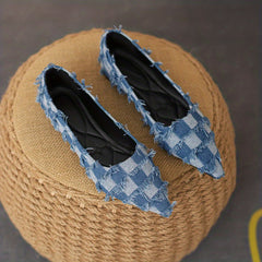 Women's Plaid Pattern Denim Flat Shoes Casual Point Toe Tassel Detail Shoes