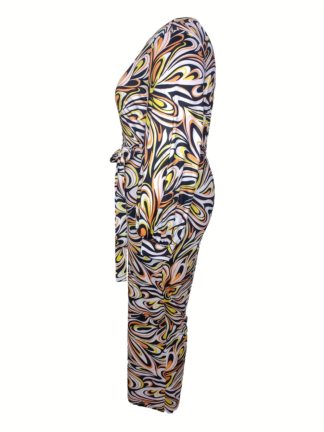 Casual Plus Size Allover Print Lantern Sleeve Wide Leg Jumpsuit