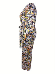 Casual Plus Size Allover Print Lantern Sleeve Wide Leg Jumpsuit