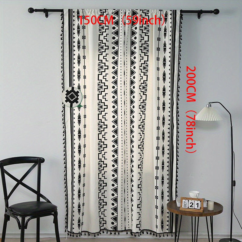 Boho Semi Blackout Curtain, Geometric Print, Tassel, Kitchen Living Room Bedroom