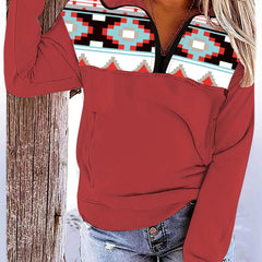 Boho Pattern Stitching Long Sleeve Zip Up Pockets Hoodie