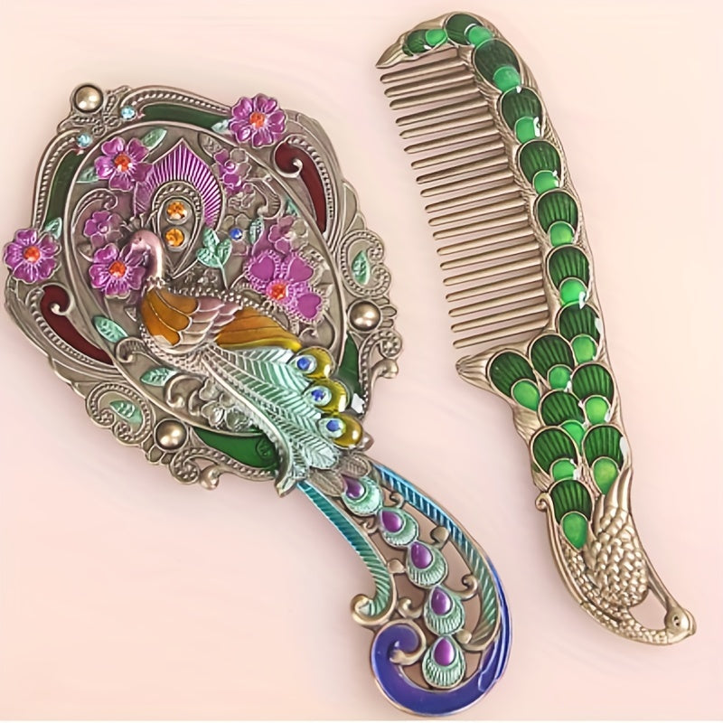 Vintage Peacock Handheld Mirror Comb Set