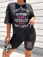 Letter Print Matching Two piece Set Casual Short Sleeve T shirt & Yoga Shorts