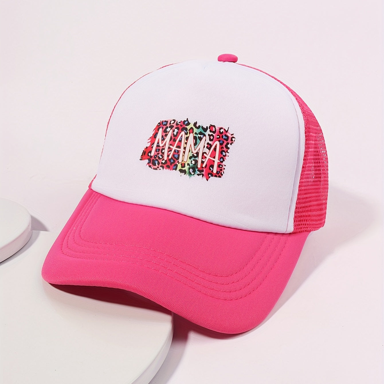 Leopard Print Baseball Cap Rose Red Adjustable Trucker Hat Breathable
