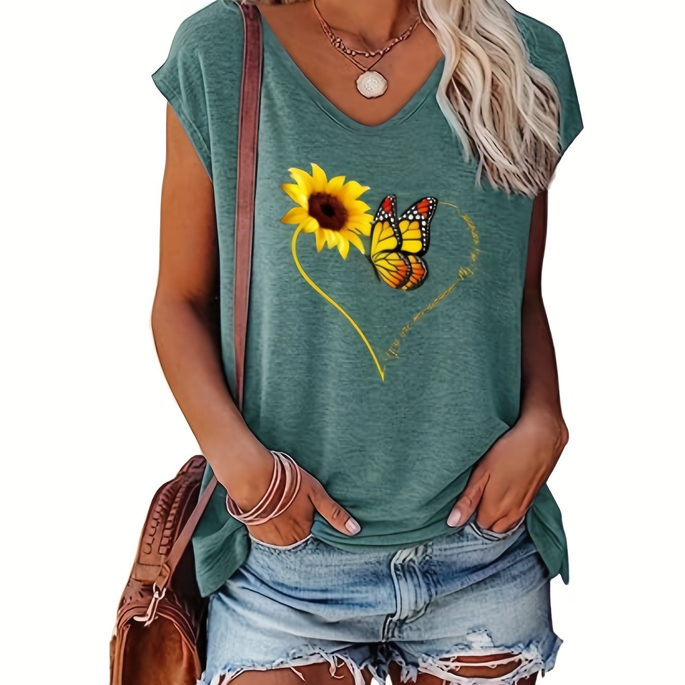 Sunflower & Butterfly Print Cap Sleeve Top V Neck Summer Top