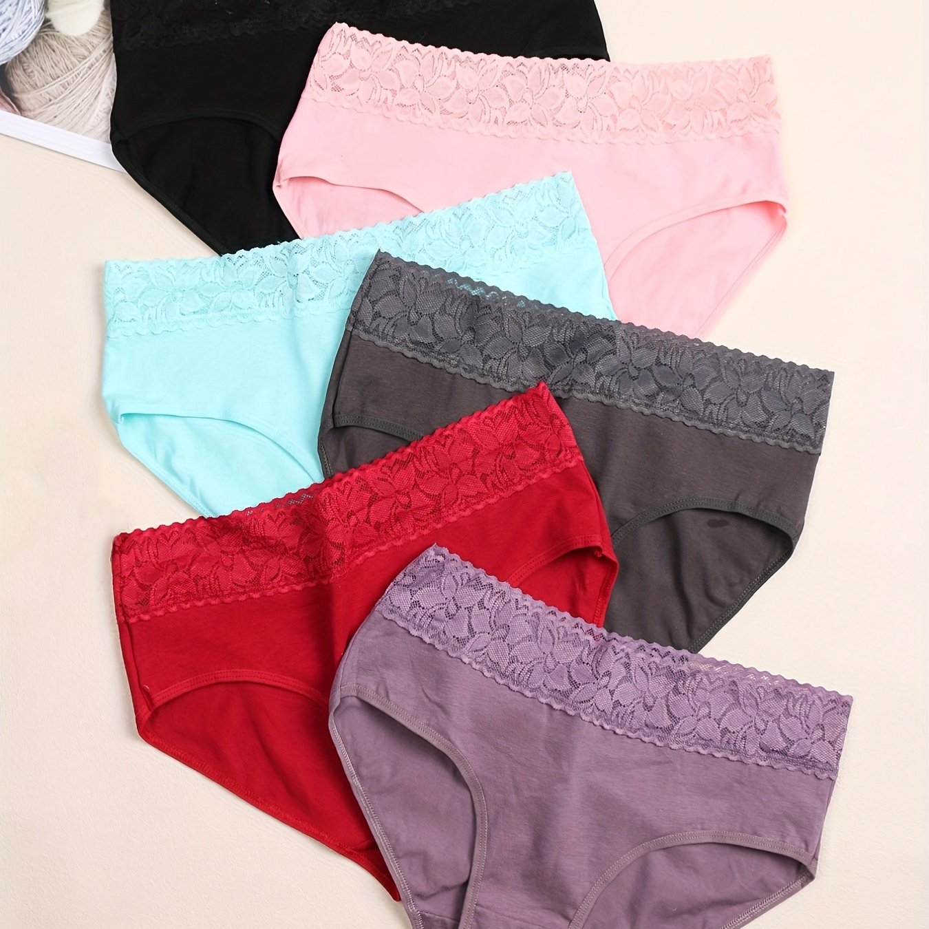 6 Pack Plus Size Lace Trim Mid Rise Underwear Sets