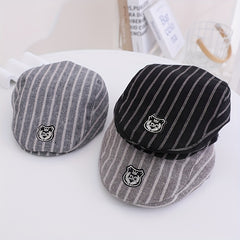 Kids Striped Beret Hat w/ Embroidery Pattern for Photos Travel