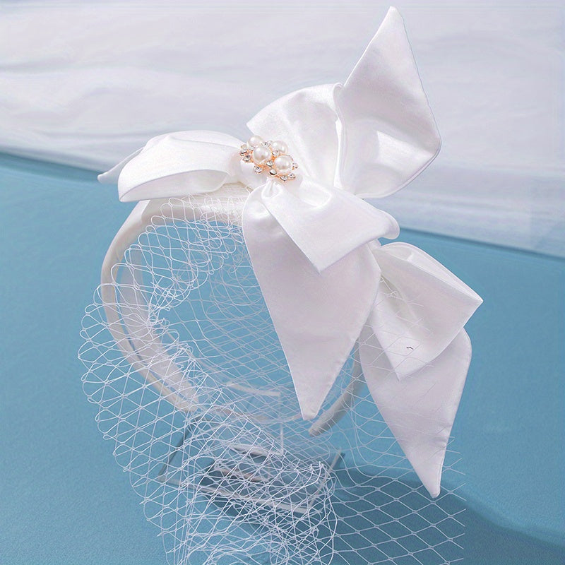 Vintage Ivory Mesh Bow Headband Wide Brim Women's Hair Accessories