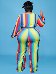 Rainbow Print Deep V Neck Wide Leg Jumpsuit Women's Plus High Stretch
