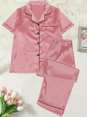 Women's Plus Satin PJs Set Short Sleeve Button Up Shirt & Pants Lounge 2 Piece