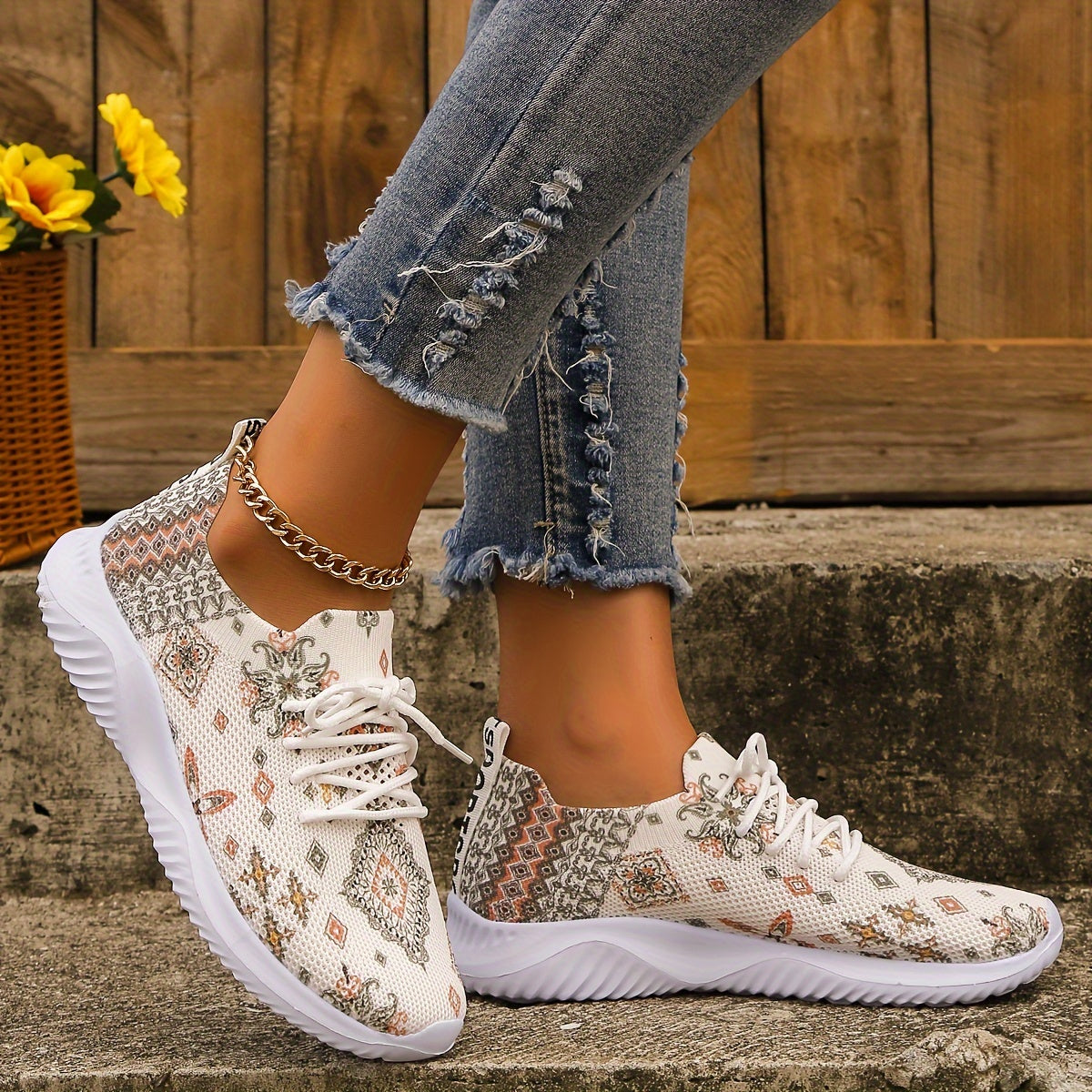 Baroque Print Mesh Lightweight Running Shoes Non Slip Outdoor Sneakers