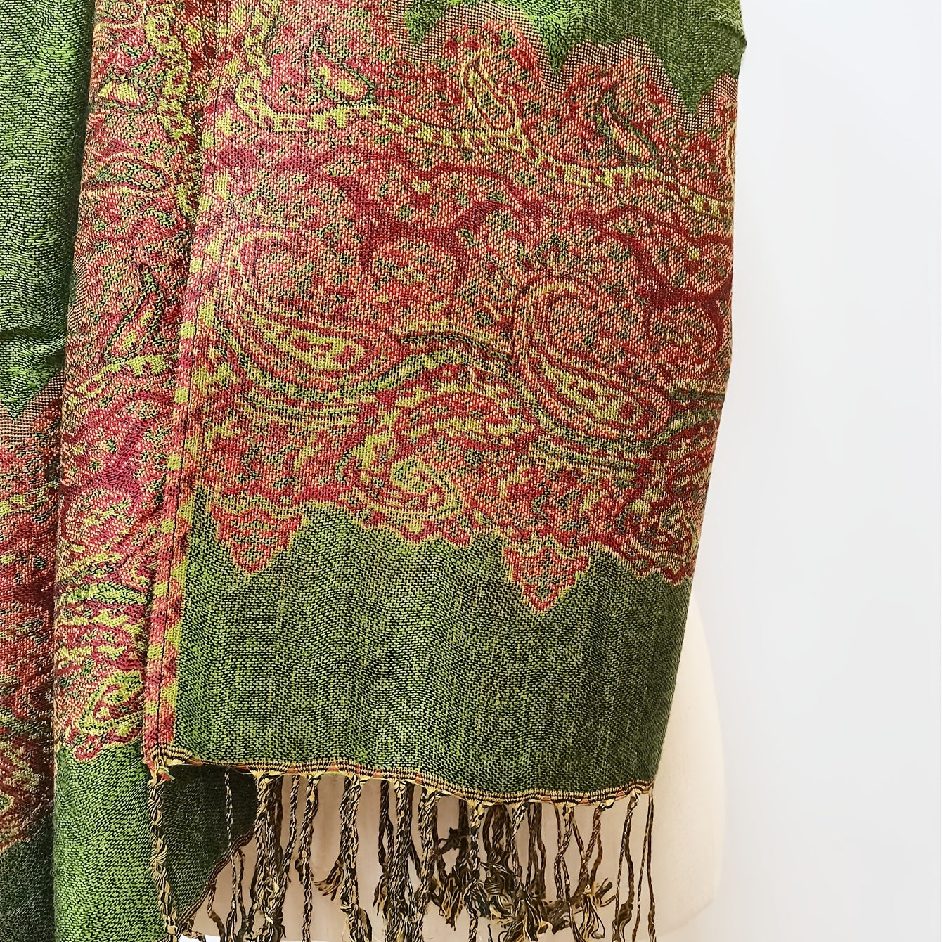 Large Tassel Scarf Grass Green Paisley Jacquard Vintage Shawl