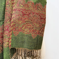 Large Tassel Scarf Grass Green Paisley Jacquard Vintage Shawl