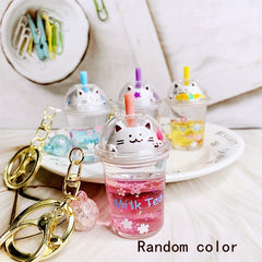 Quicksand Sakura Cat Milk Tea Cup Acrylic Keychain